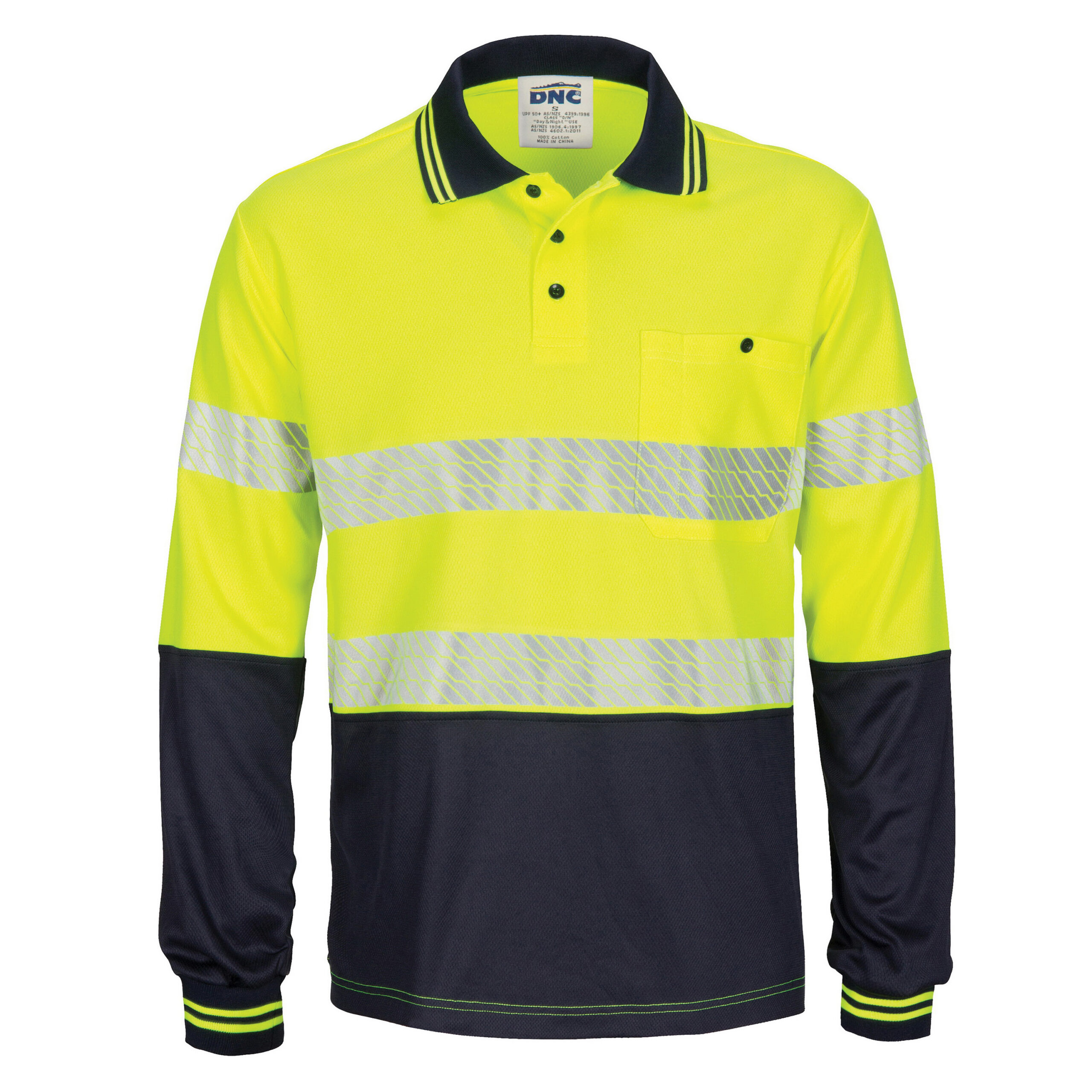 HIVIS Segment Taped Mircomesh Polo - Long Sleeve Yellow/Navy