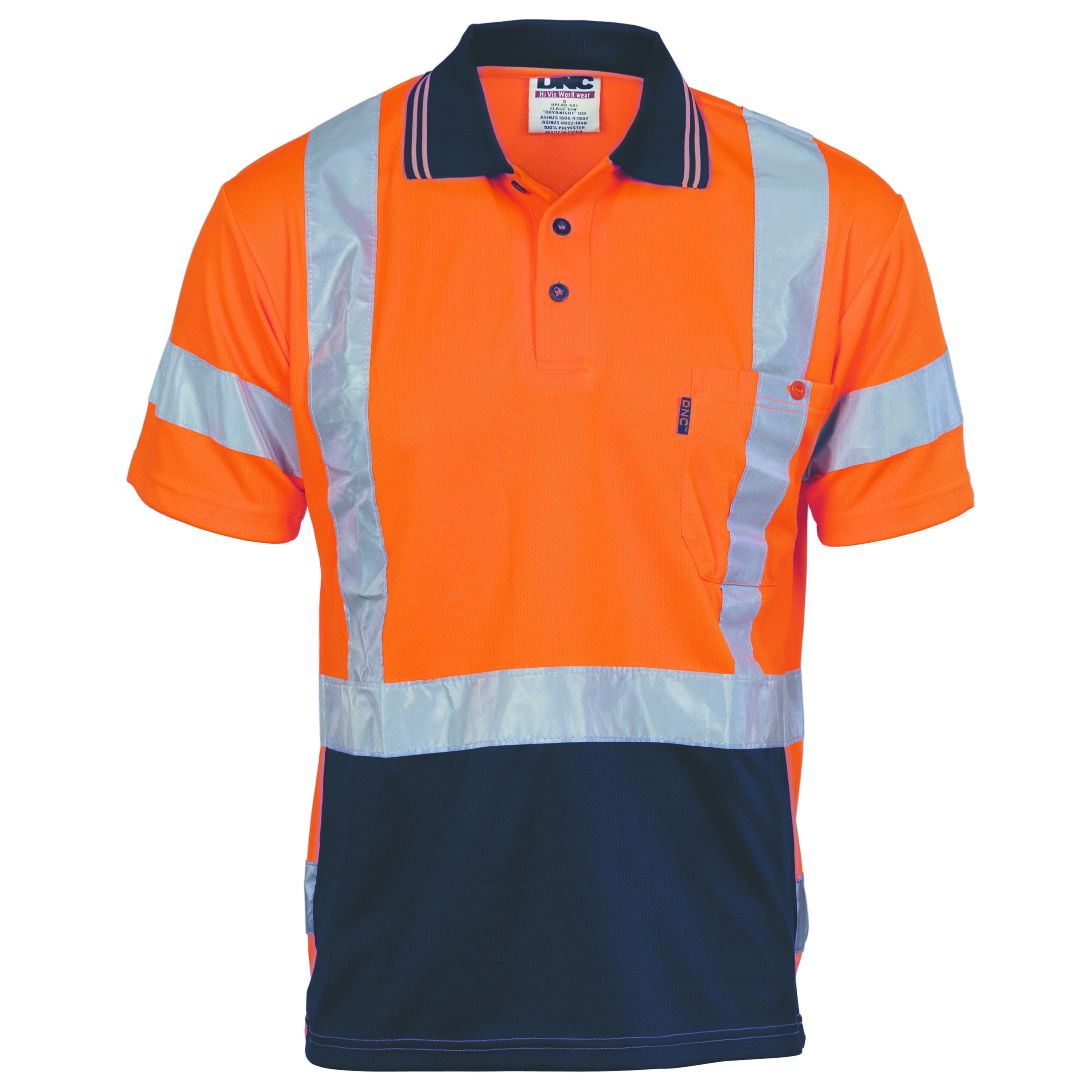 HiVis D/N Cool Breathe Polo Shirt with Cross Back R/Tape - Short Sleeve Orange/Navy