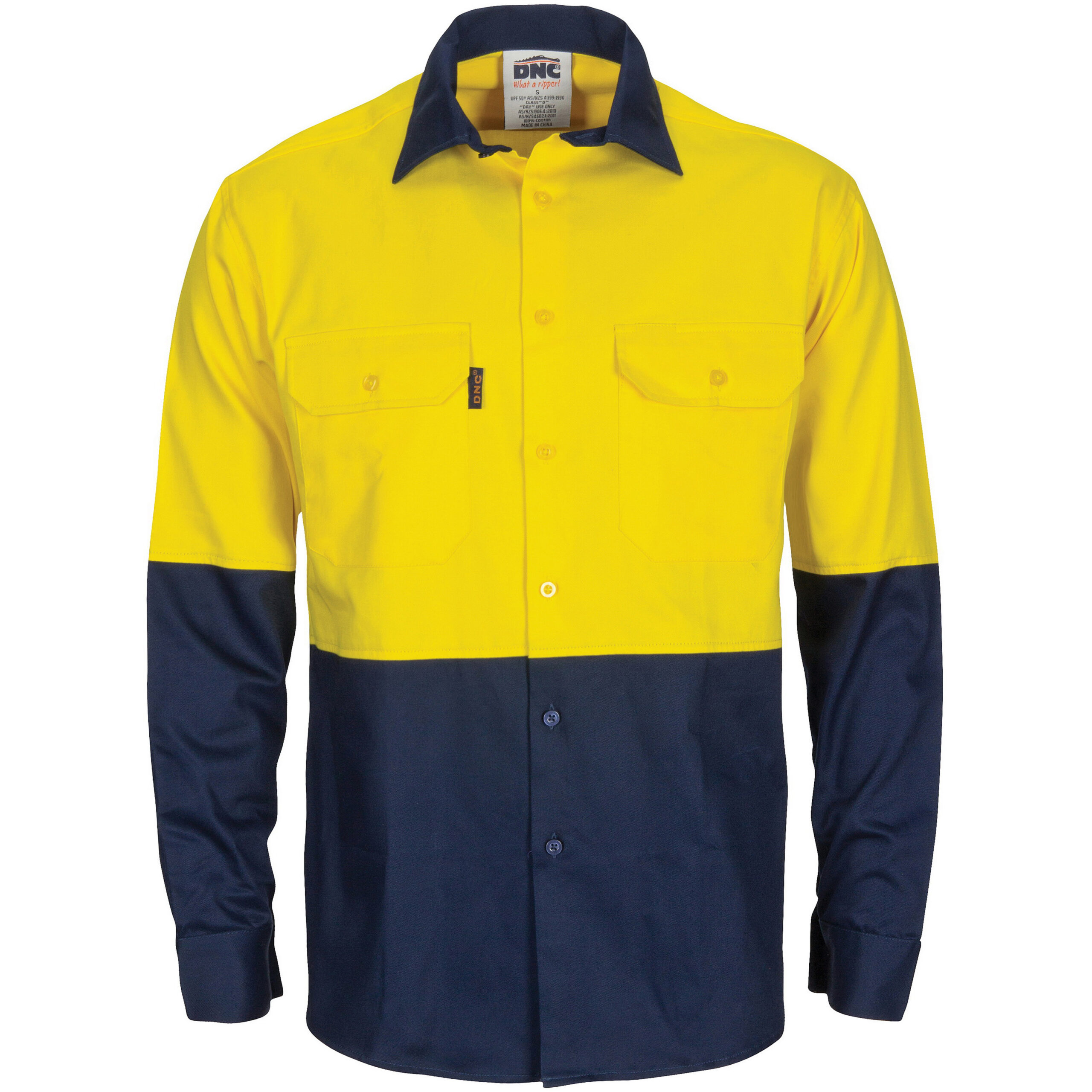 HiVis L/W Cool-Breeze T2 Vertical Vented Cotton Shirt with Gusset Sleeves - Long Sleeve Yellow/Navy