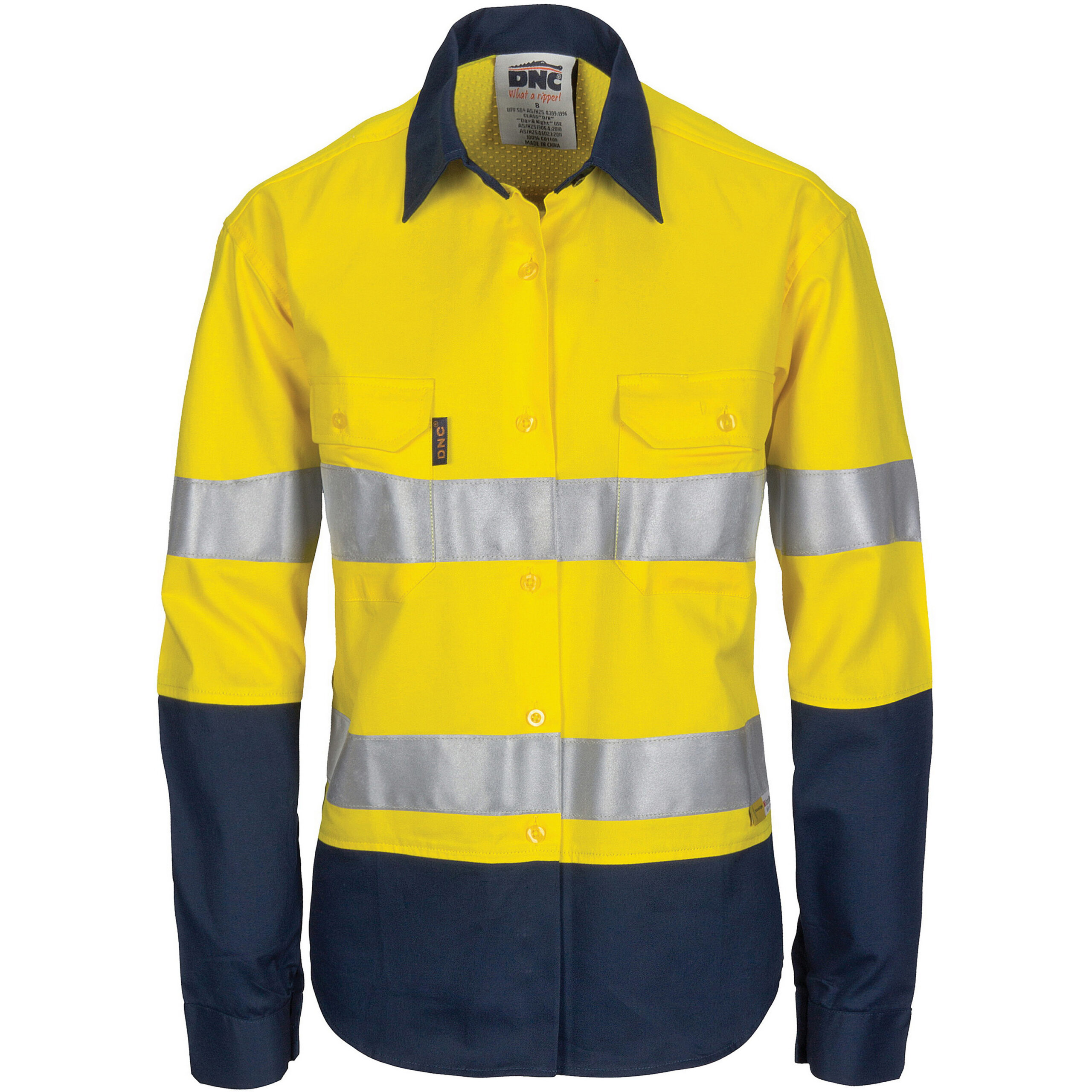 Ladies HiVis 3 Way Cool-Breeze Cotton Shirt with Gusset Sleeve, 3M R/Tape - Long Sleeve. Yellow/Navy