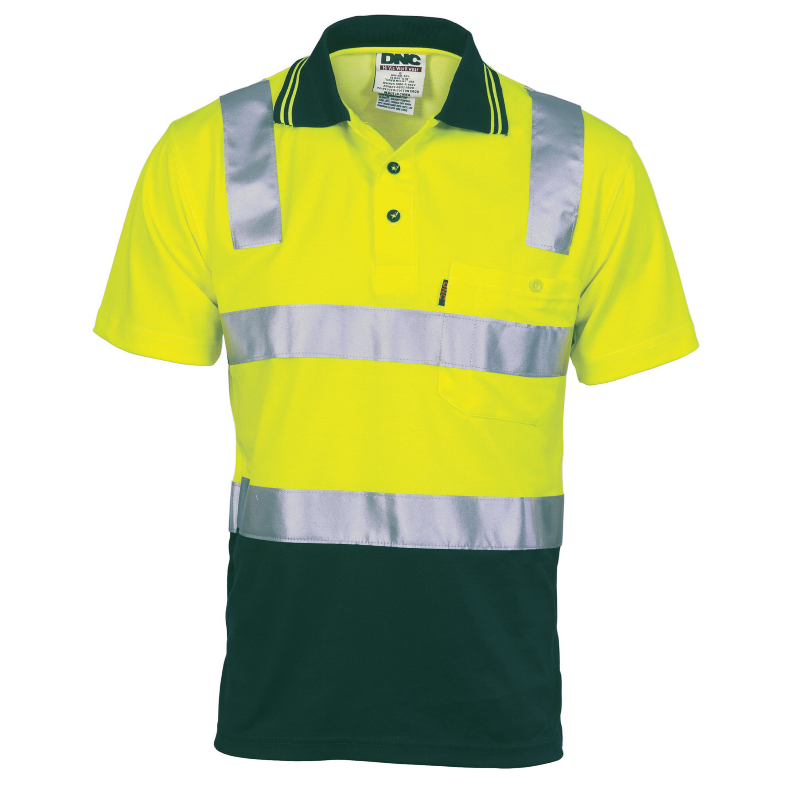 Cotton Back HiVis Two Tone Polo Shirt with CSR R/ Tape - Short sleeve Yellow/Bottle Green