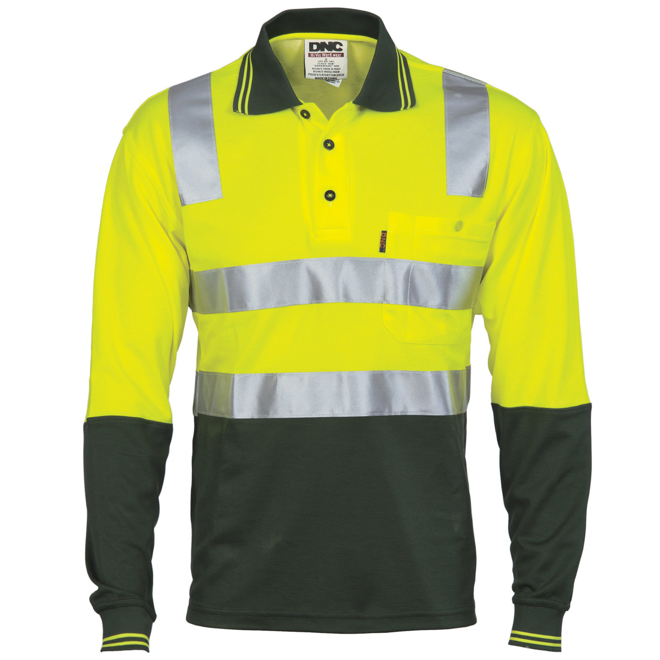 Cotton Back HiVis Two Tone Polo Shirt with CSR R/ Tape - L/S Yellow/Bottle Green