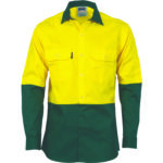 HiVis Two Tone Cotton Drill Shirt - Long Sleeve Yellow/Bottle Green