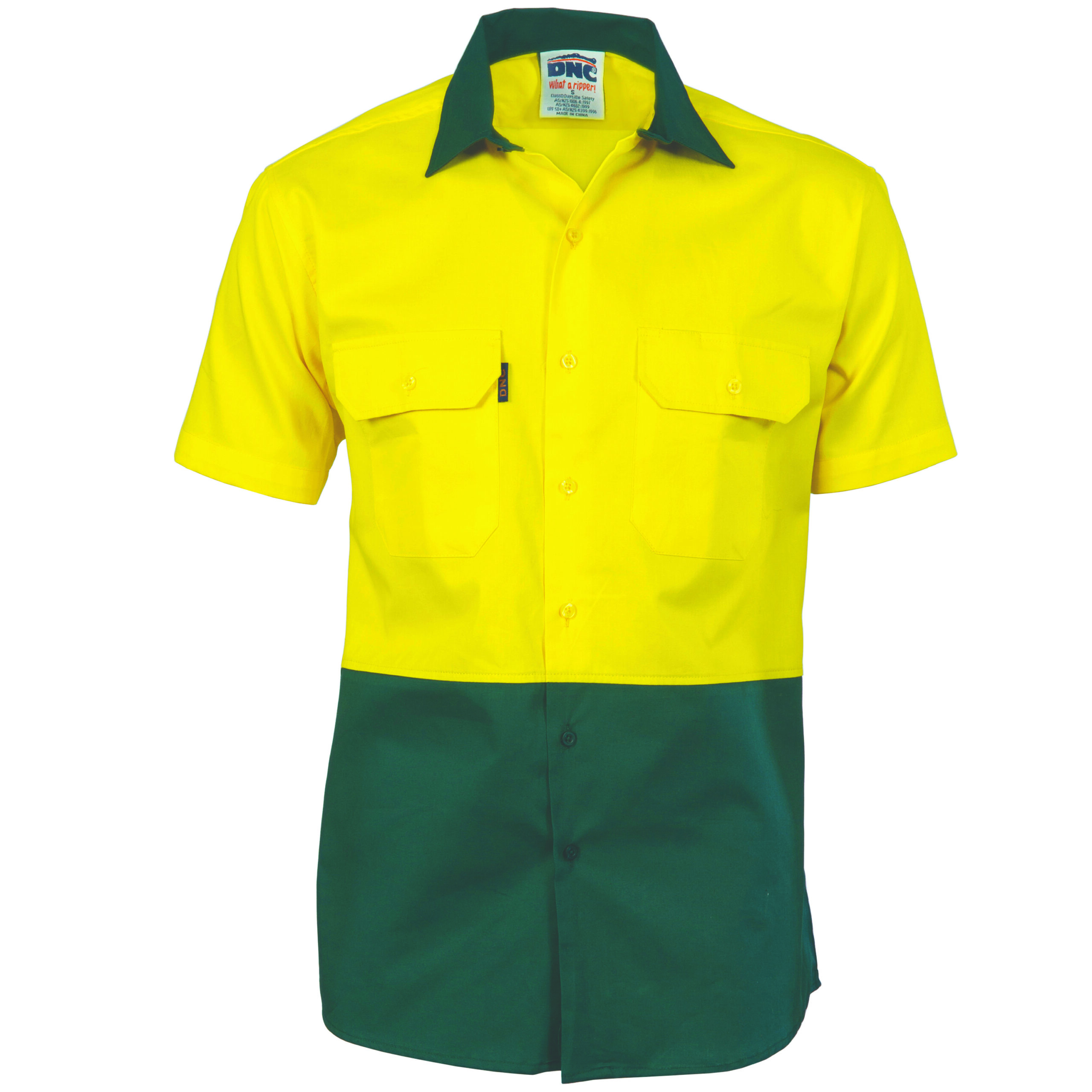 HiVis 2 Tone Cool-Breeze Cotton Shirt -
Short Sleeve Yellow/Bottle Green