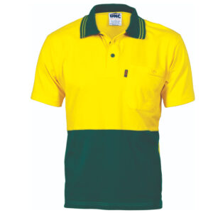 HiVis Cool-Breeze Cotton Jersey Polo Shirt
with Under Arm Cotton Mesh - S/S Yellow/Bottle Green
