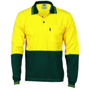 HiVis Cool-Breeze Cotton Jersey Polo Shirt
with Under Arm Cotton Mesh - L/S Yellow/Bottle Green