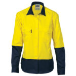 Ladies HiVis 2 Tone Cool-Breeze Cott on        Sh irt - Long Sleeve Yellow/Navy