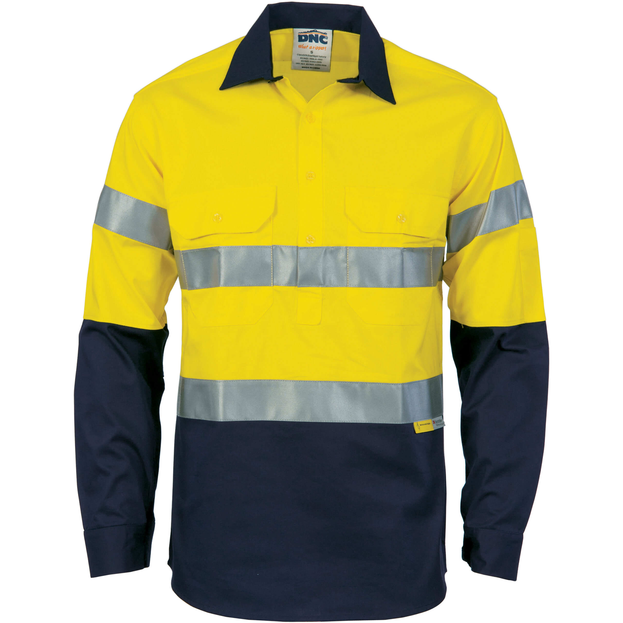 HiVis Cool-Breeze Close Front Cotton Shirt
with 3M R/Tape - Long sleeve Yellow/Navy