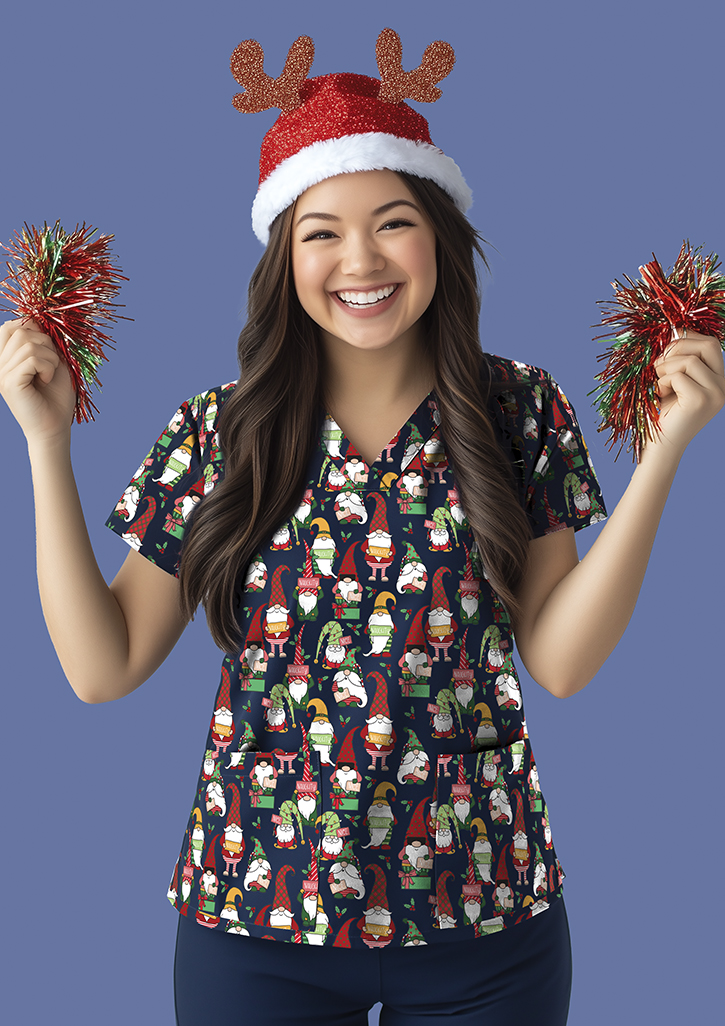 Womens Christmas V-Neck Short Sleeve Scrub Top Midnight Navy/Gnomes Print