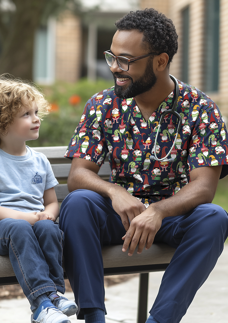 Unisex Christmas V-Neck Short Sleeve Scrub Top Midnight Navy/Gnomes Print