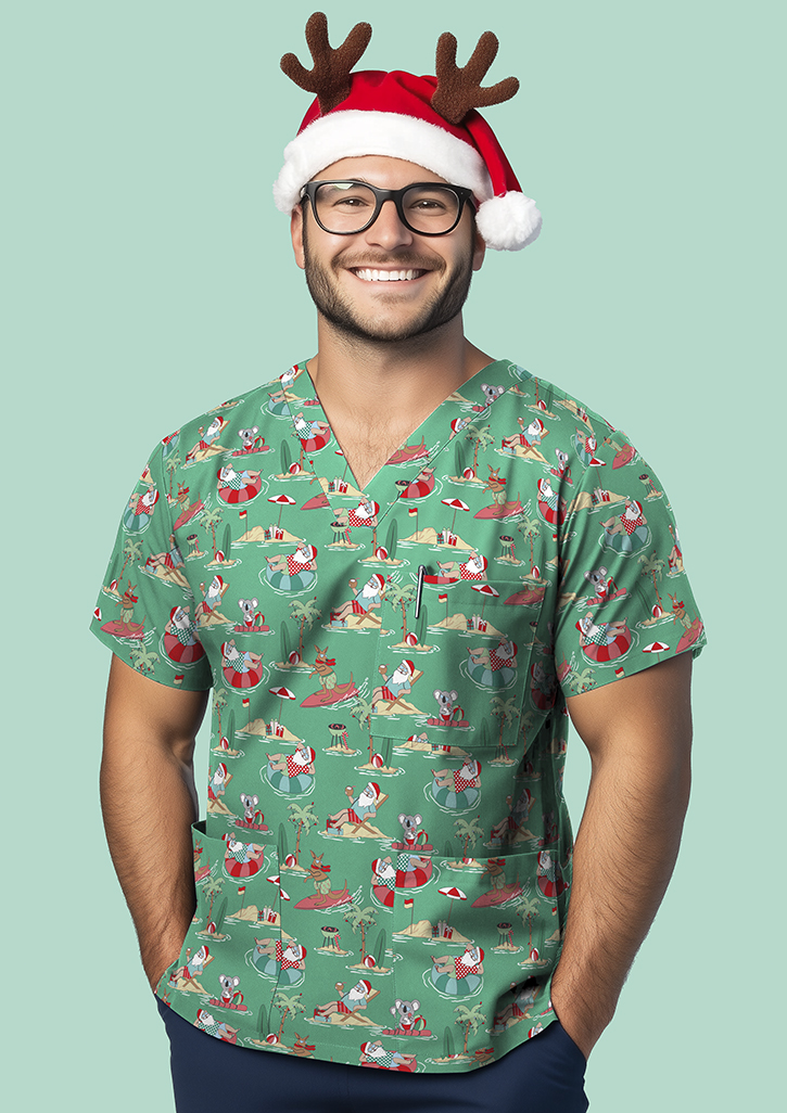 Unisex Christmas V-Neck Short Sleeve Scrub Top Midnight Navy/Gnomes Print