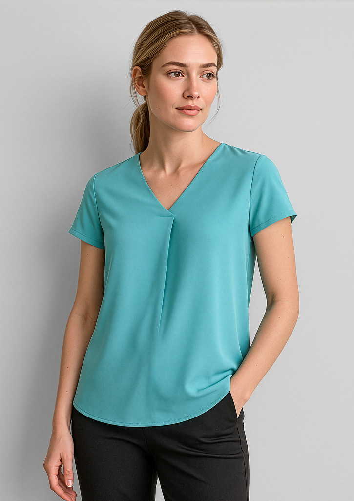 Womens Kayla V-Neck Pleat Blouse Aqua