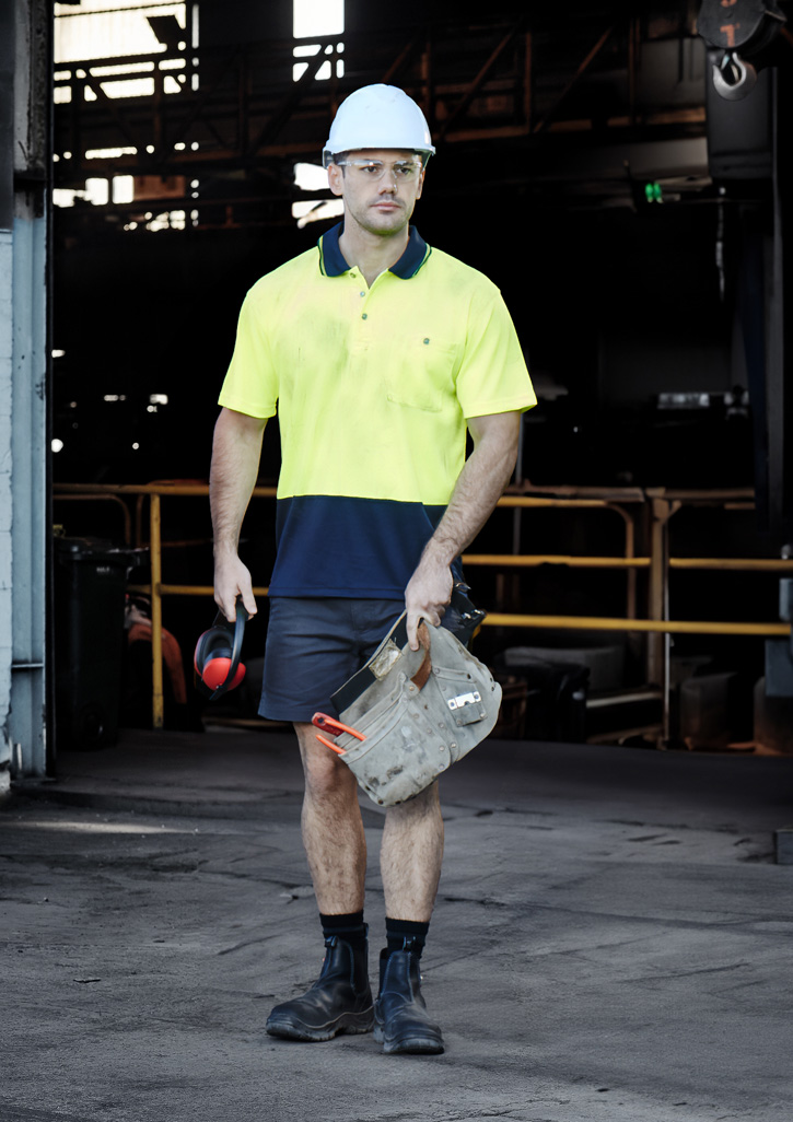 Unisex Hi Vis Basic Short Sleeve Polo Yellow/Navy