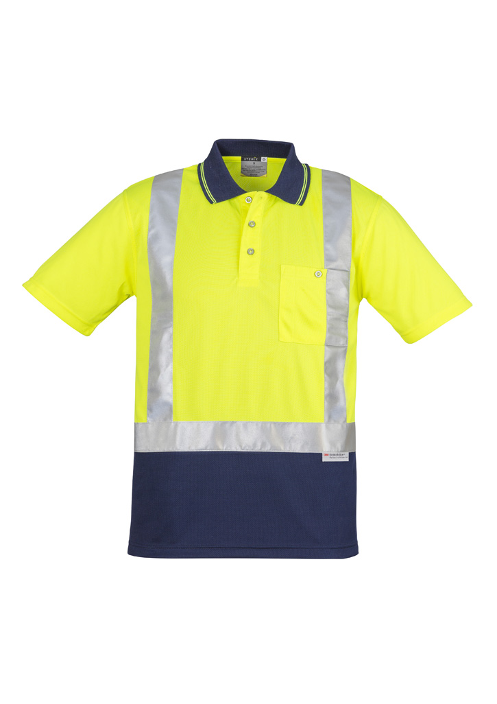 Mens Hi Vis Spliced Short Sleeve Polo - Shoulder Taped Yellow/Navy