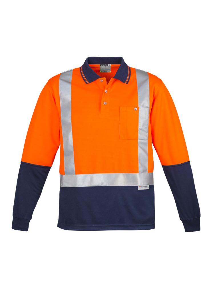 Mens Hi Vis Spliced Long Sleeve Polo - Shoulder Taped Orange/Navy