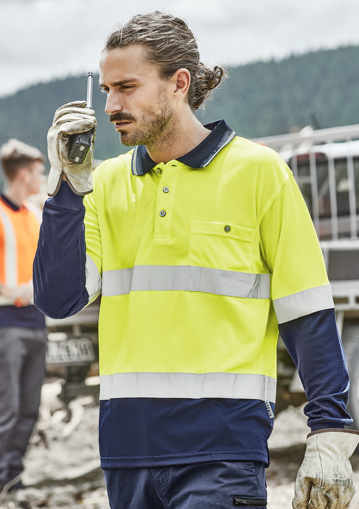 Mens Hi Vis Spliced Long Sleeve Polo - Hoop Taped Yellow/Navy
