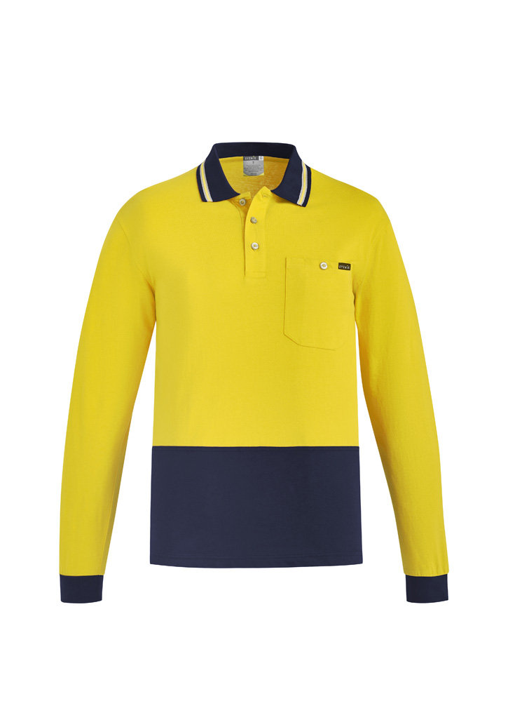 Mens Hi Vis Cotton Long Sleeve Polo Yellow/Navy