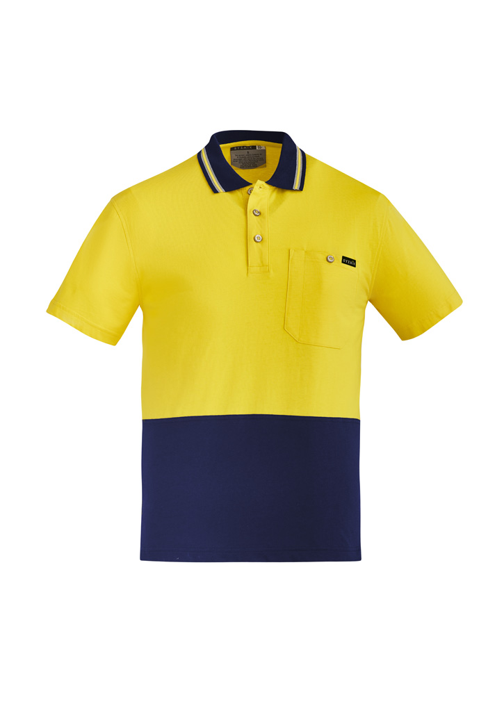 Mens Hi Vis Cotton Short Sleeve Polo Yellow/Navy