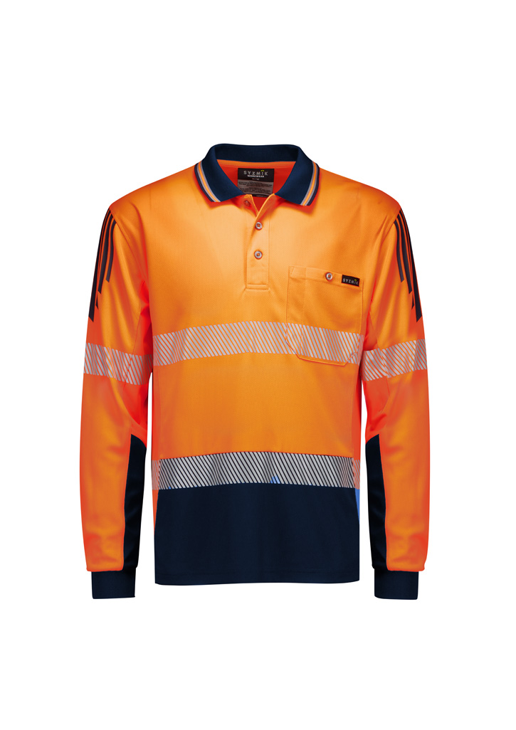 Mens Hi Vis Flux Segmented Tape Long Sleeve Polo Orange/Navy