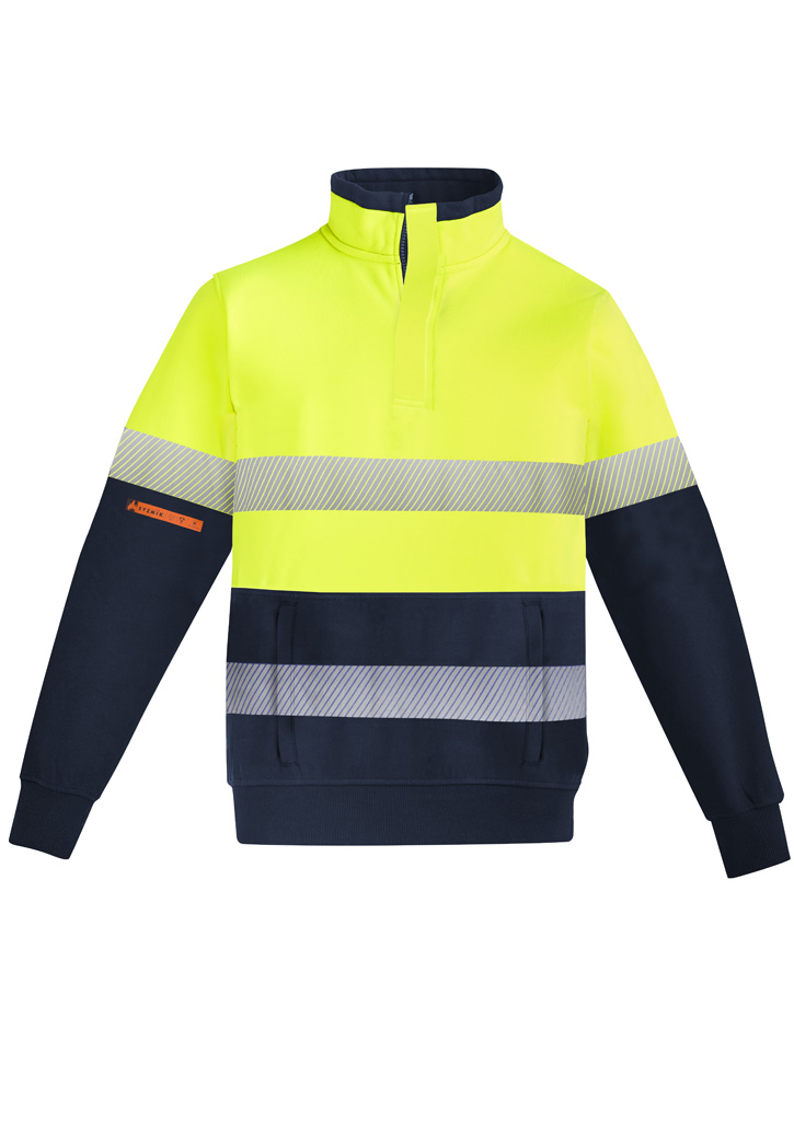 Mens Orange Flame Hi Vis 1/4 Zip Pullover - Hoop Taped Yellow/Navy