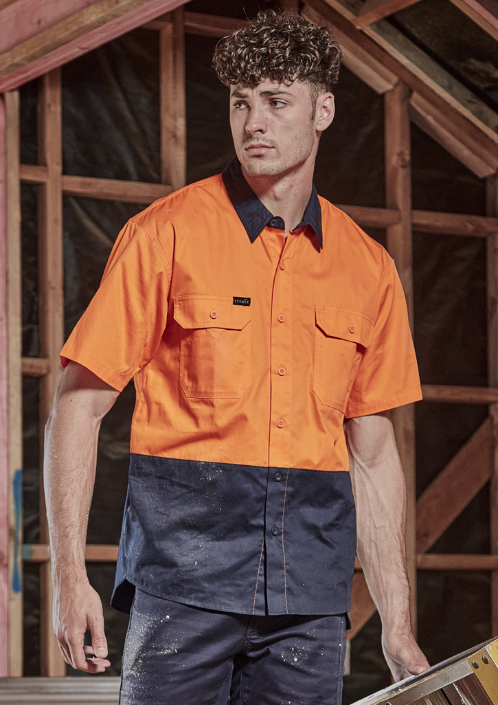 Mens Hi Vis Short Sleeve Shirt Orange/Navy