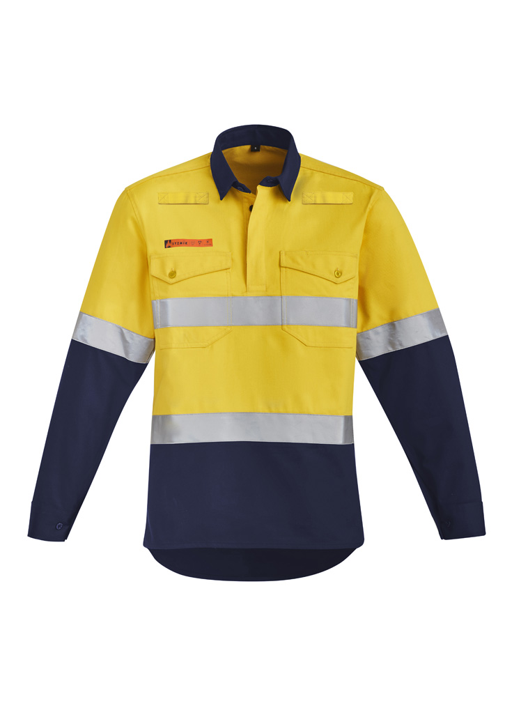 Mens Orange Flame Hi Vis Closed Front Shirt - Hoop Taped Yellow/Navy