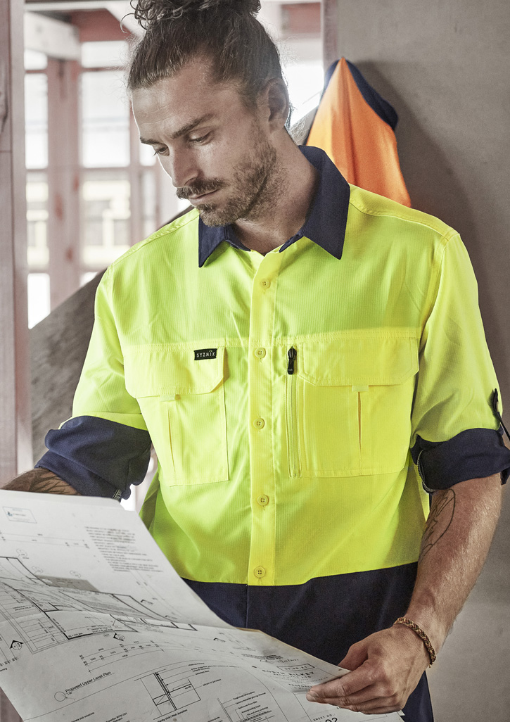 Mens Hi Vis Outdoor Long Sleeve Shirt Yellow/Navy
