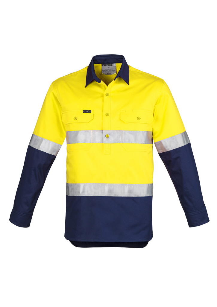 Mens Closed Front Long Sleeve Shirt - Hoop Taped Yellow/Navy